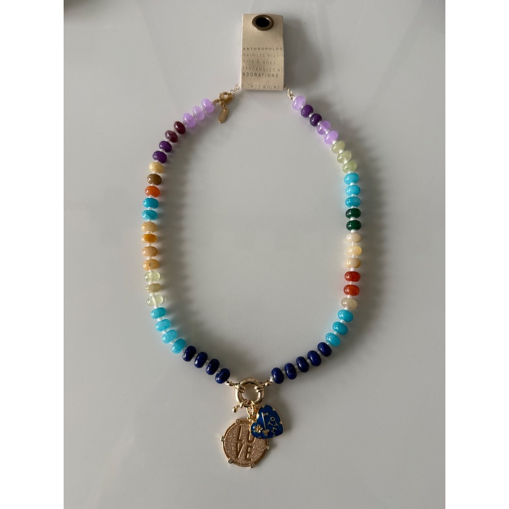 Anthropologie To My Love Rainbow Stone Heart Charm Necklace 14k plate Women NWT